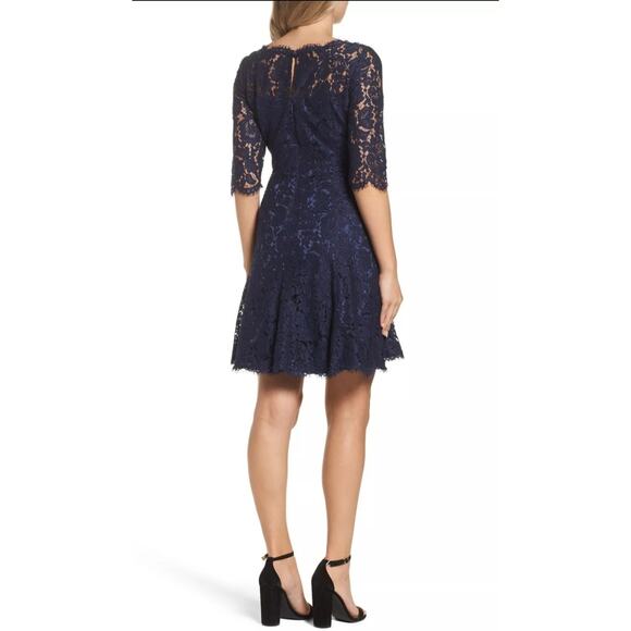 New Eliza J Quarter Length Sleeve Lace Fit Flare Dress Sz 12 Navy Blue Formal - Picture 3 of 12